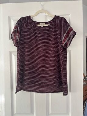 LOFT Burgundy Dot Short-Sleeve Blouse